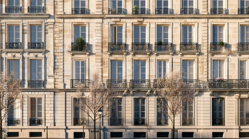 Obraz na płótnie Elegant Parisian building, minimalist design, facing a wall with windows and doors, sunny afternoon, peaceful urban environment, no people visible. w salonie
