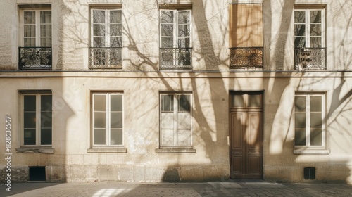 Obraz na płótnie Elegant Parisian building, minimalist design, facing a wall with windows and doors, sunny afternoon, peaceful urban environment, no people visible. w salonie