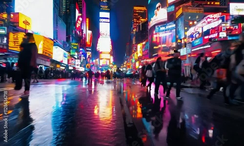 Vibrant Urban Nightlife with Neon Lights and Bustling Crowds