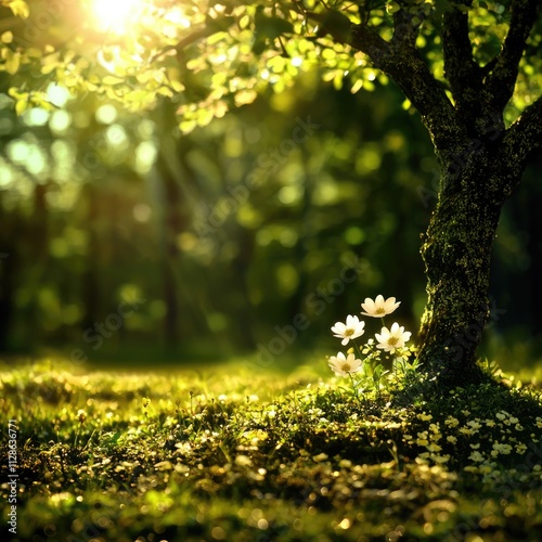 Lush green forest with sunlight filtering through leaves and blooming white flowers at the base of a tree. photo