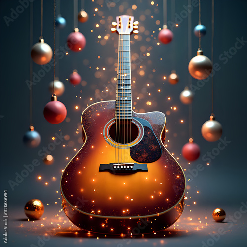 Wallpaper Mural Elegant Acoustic Guitar Surrounded by Sparkling Christmas Decorations in Warm Ambient Light Torontodigital.ca