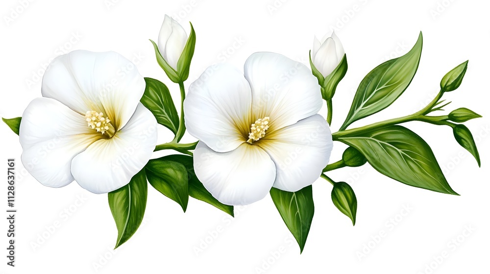 Obraz premium Delicate White Flowers with Green Leaves on a Branch Creating a Serene and Fresh Floral Arrangement Ideal for Nature and Wellness Themes