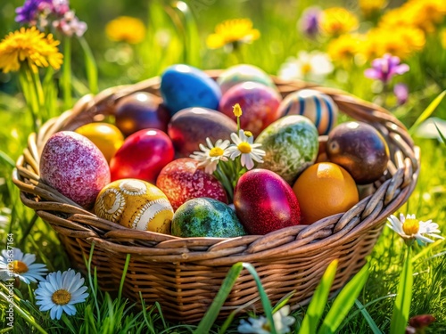 A Vibrant Easter Basket Filled with Colorful Eggs Nestled in Fresh Green Grass, Perfect for Celebrating Spring and the Joy of Easter Traditions with Family and Friends