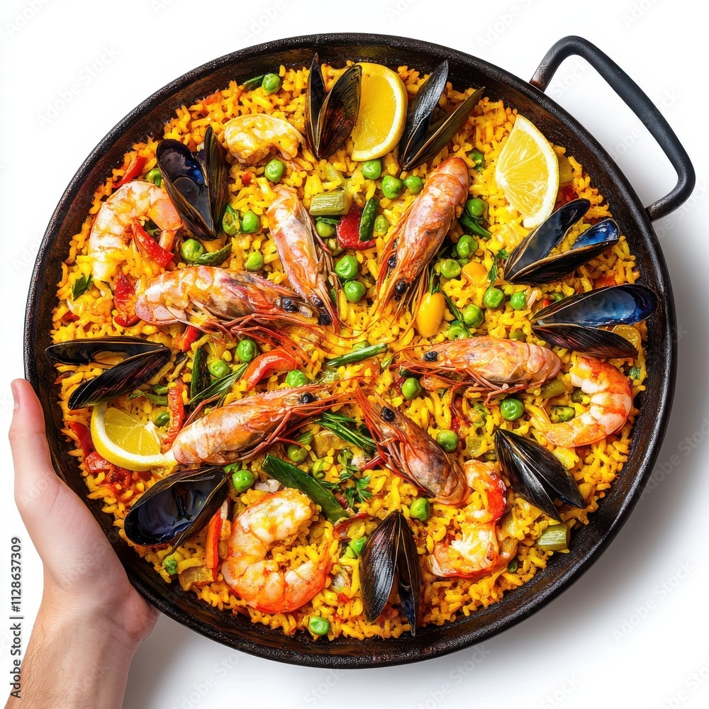 Paella isolated on white background, top view Paella isolated on white background, top view