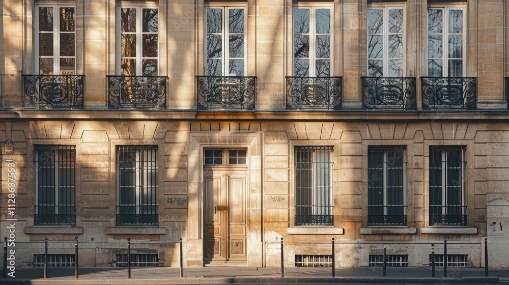 Elegant Parisian building, minimalist design, full wall with windows and doors, warm sunlight, peaceful urban scene, no people visible. Elegant Parisian building, minimalist design, full wall with windows and doors, warm sunlight, peaceful urban scene, no people visible.