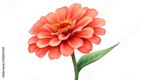 Vibrant Single Zinnia Blossom with Rich Orange Petals and Lush Green Leaf Isolated on a Clean White Background for Floral Design and Nature Projects