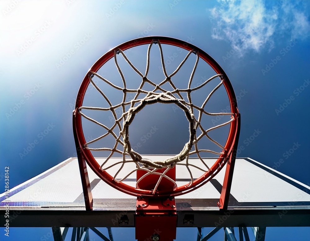 A basketball hoop, net and backboard on a playground, shot from below. A basketball hoop, net and backboard on a playground, shot from below.