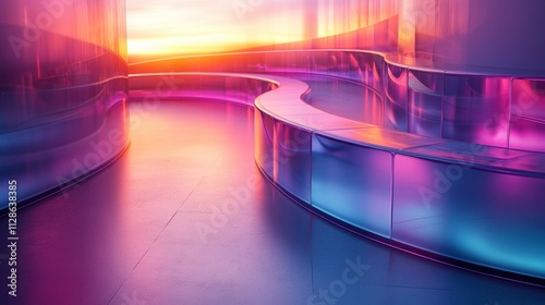 Modern Futuristic Interior, Warm Hues of Pink and Orange Light Reflecting on Curved Surfaces