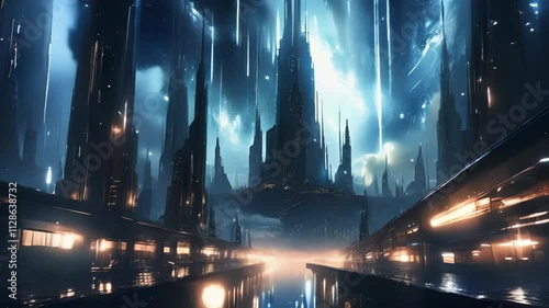 Futuristic Cityscape with Rainy Night and Blue Light Effects