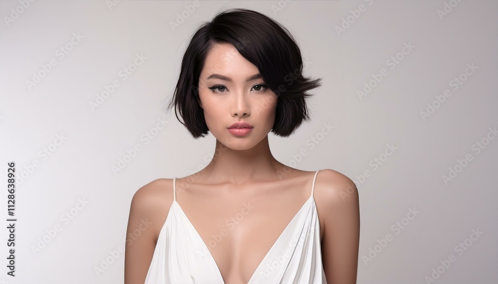 studio portrait of a brunette model with short hair wearing a low cut white dress with nude shoulders on white background, fashion photography
studio portrait of a brunette model with short hair wearing a low cut white dress with nude shoulders on white background, fashion photography
