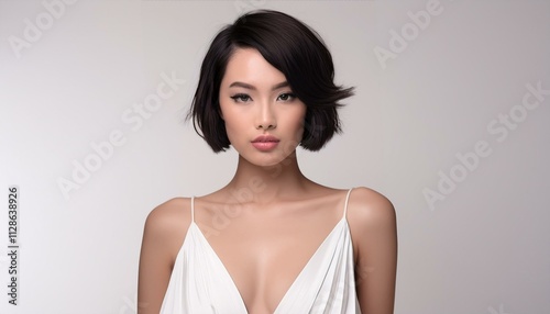 studio portrait of a brunette model with short hair wearing a low cut white dress with nude shoulders on white background, fashion photography 