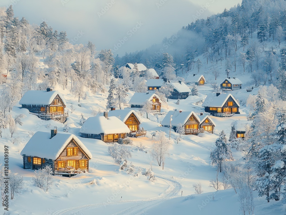 Naklejka premium Snow-covered wooden cabins glow warmly on a hillside at twilight.