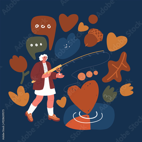 Cartoon vector illustration of the concept of a woman catching a heart with a fishing rod, symbolizing love, attraction, and desire over dark background