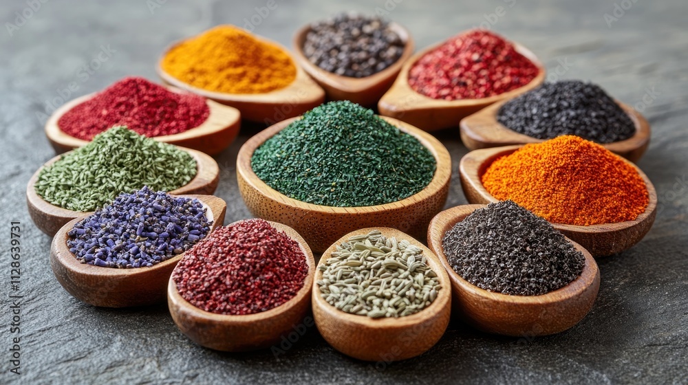 Colorful spices in wooden bowls arranged in a circle on a dark background. Colorful spices in wooden bowls arranged in a circle on a dark background.