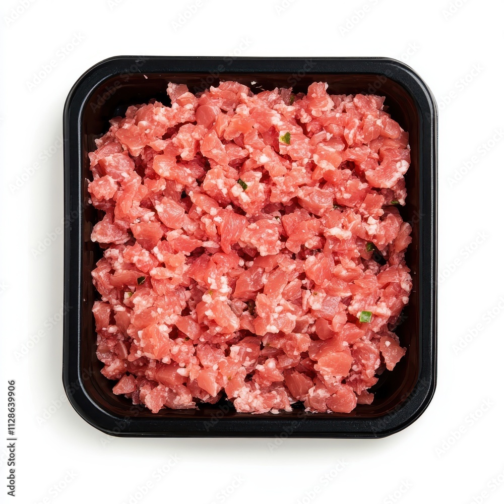 Raw minced meat in a black plastic tray container isolated on white background Raw minced meat in a black plastic tray container isolated on white background