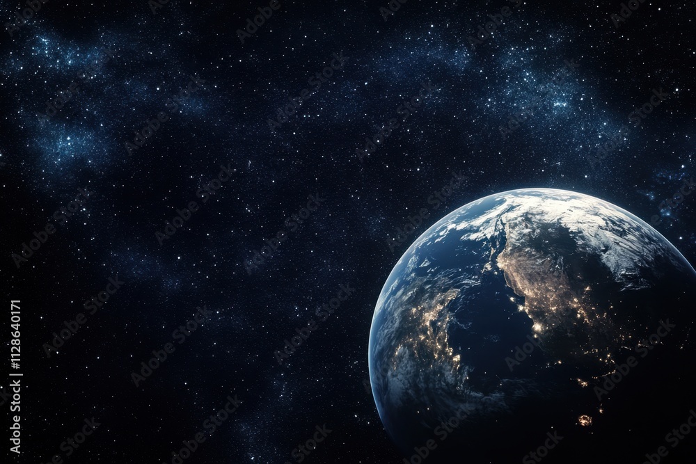 Fototapeta premium Earth illuminated in the vastness of space during night time