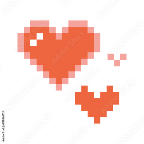 Three pink hearts, pixel art, digital drawing, retro style. Trendy modern vector illustration isolated on white background, flat design