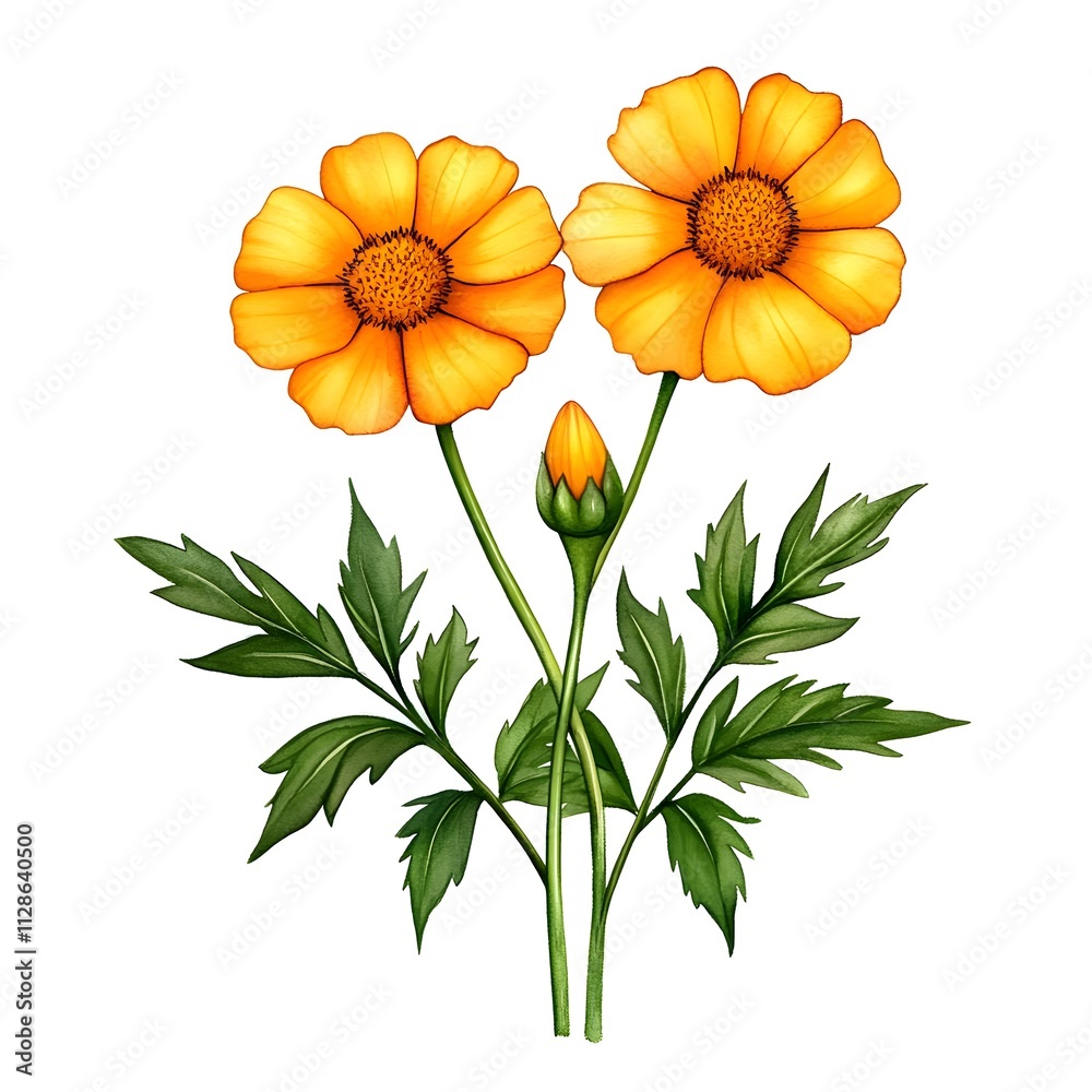 Vibrant Yellow Wildflowers with Green Leaves on a White Background, Perfect for Nature-Themed Projects, Illustrations, and Floral Designs Vibrant Yellow Wildflowers with Green Leaves on a White Background, Perfect for Nature-Themed Projects, Illustrations, and Floral Designs