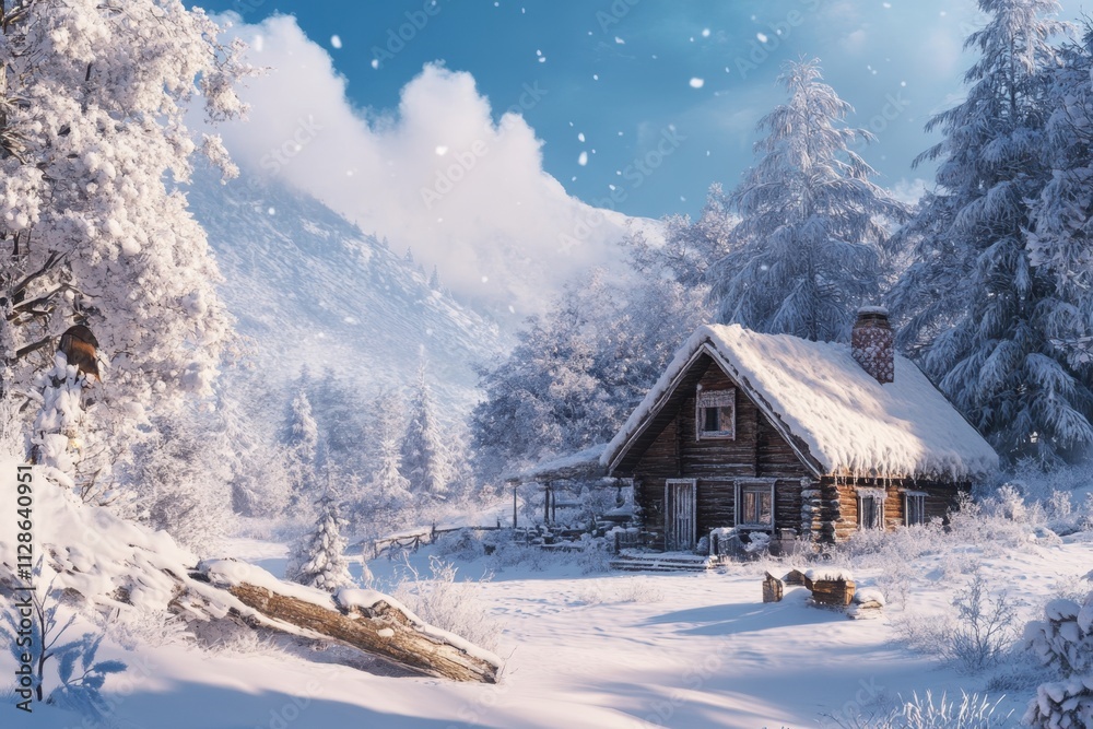 Cozy cabin surrounded by snow-covered trees in a winter landscape during daylight Cozy cabin surrounded by snow-covered trees in a winter landscape during daylight