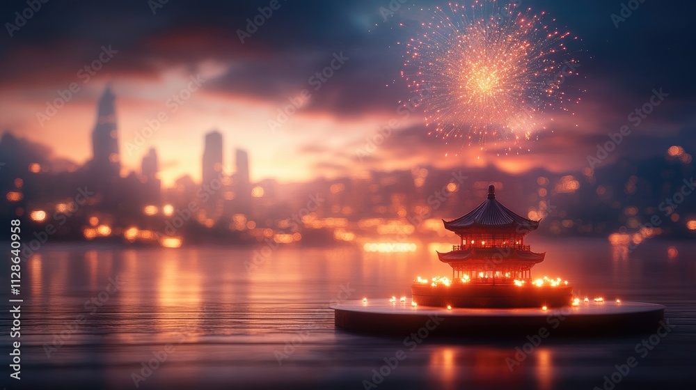 Obraz premium Colorful Fireworks Sparkle Above a Chinese Temple at Night