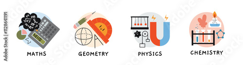 Math, geometry, physics and chemistry lesson at school, education concept. Round icon with attributes of exact and natural sciences. Trendy modern vector illustration, hand drawn, flat design