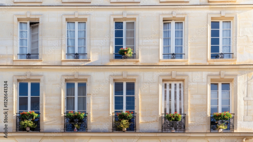 Elegant Parisian building, modern minimalist architecture, full wall with windows and doors, warm sunlight, serene urban setting, no people present. Elegant Parisian building, modern minimalist architecture, full wall with windows and doors, warm sunlight, serene urban setting, no people present.