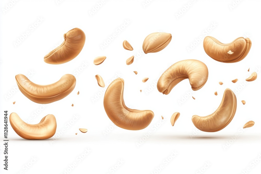 Set of Falling cashew nuts isolated on white background Set of Falling cashew nuts isolated on white background