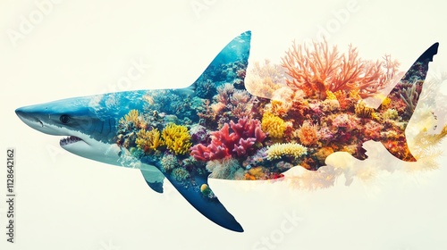 A vibrant shark surrounded by colorful coral reefs, showcasing the beauty of underwater life and marine ecosystems. photo