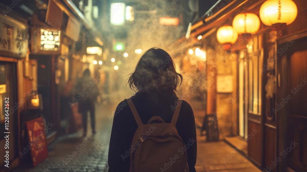 Woman Walks Alone Through Night Market Street Woman Walks Alone Through Night Market Street