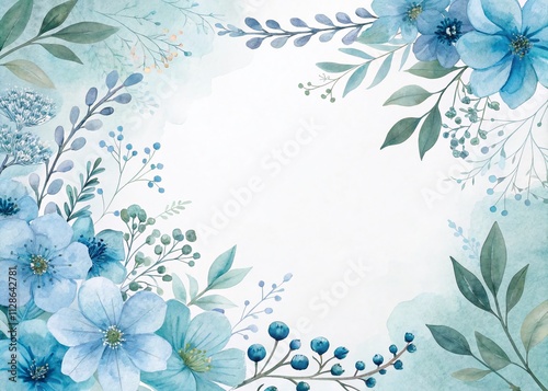 Beautiful Blue Floral Frame Background with Watercolor Accents for Elegant Product Photography