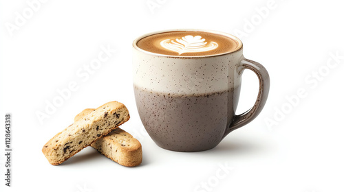 A beautifully crafted latte in a stylish mug, accompanied by delicious biscotti cookies for a perfect treat. photo