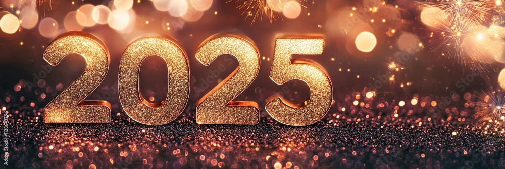 New Year 2025 Banner with Golden Numbers on Glitter Background, Fireworks, and Bokeh Lights