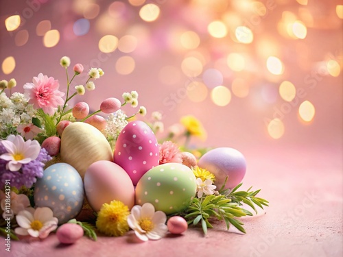 Beautiful Easter Composition with Colorful Eggs and Fresh Flowers on a Pastel Pink Background, Flat Lay Style with Bokeh Effect and Generous Copy Space for Seasonal Celebrations