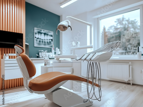 The interior of a modern dental clinic with a dental chair, bright lighting, and dental equipment. The image features an X-ray of teeth on the wall and a clean, organized workspace. photo
