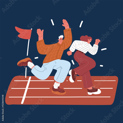 Cartoon vector illustration of the concept of two people racing each other in a playful competition, symbolizing fun, rivalry, and friendly challenge over dark background