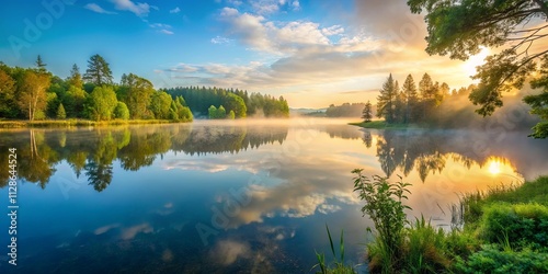 Serene Mist Rising Over a Tranquil Lake at Dawn, Reflecting Golden Hues and Lush Green Foliage