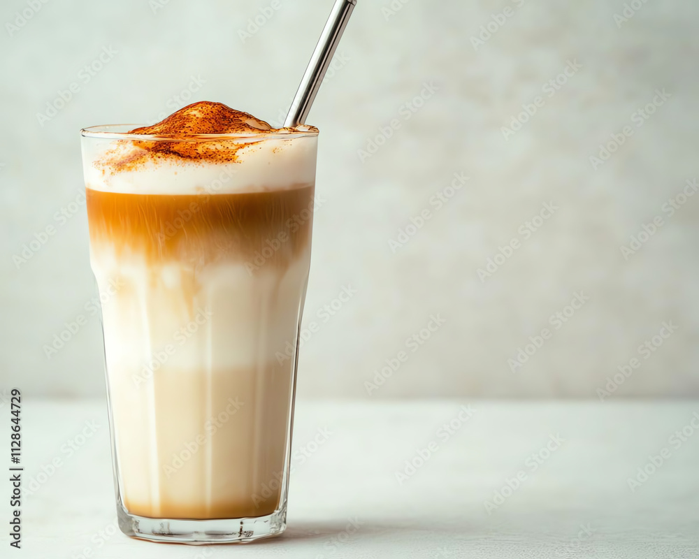 Delicious layered coffee drink served in a tall glass with a spoon, perfect for any coffee lover's delight.