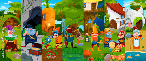Fairytale cartoon gnome and dwarf characters collage, vector background. Fairy tale gnome village collage with funny dwarf workers characters, gardener or farmer, miner and hunter or woodworker