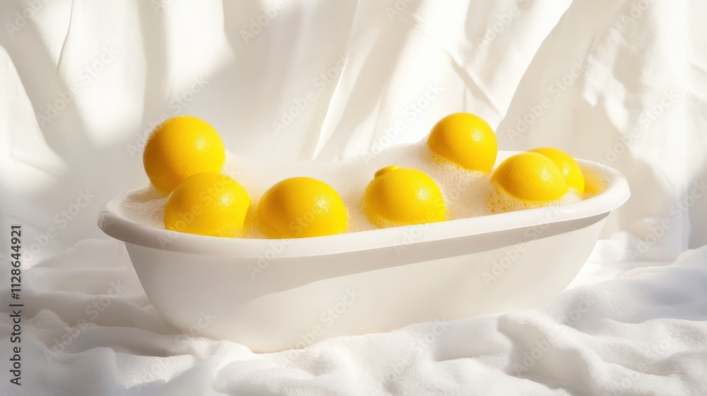 Fresh Lemons in Soap Bubbles Displayed in a White Bathtub Surrounded by Soft Fabrics Illustrating Cleanliness and Freshness Fresh Lemons in Soap Bubbles Displayed in a White Bathtub Surrounded by Soft Fabrics Illustrating Cleanliness and Freshness