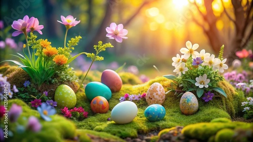 Beautifully Arranged Easter Eggs in Soft Pastel Colors Nestled Among Moss, Flowers, and Lush Greenery in a Bright, Cheerful Spring Setting