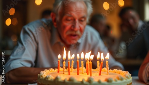 A retiree blowing out candles on a retirement-themed cake at a large party.