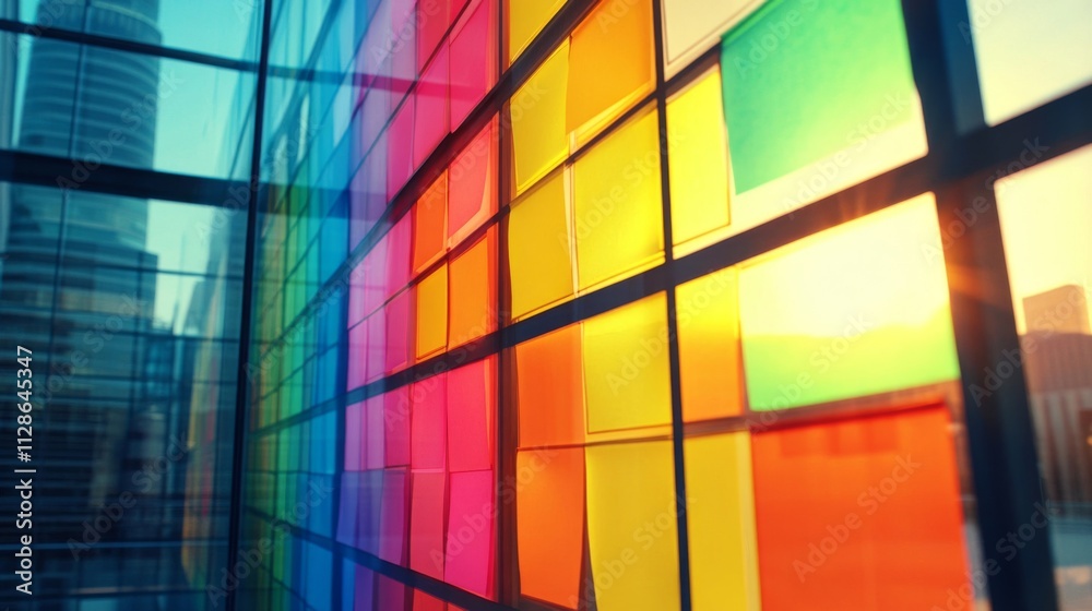 Colorful Square Panels Reflecting Cityscape Through Glass Colorful Square Panels Reflecting Cityscape Through Glass