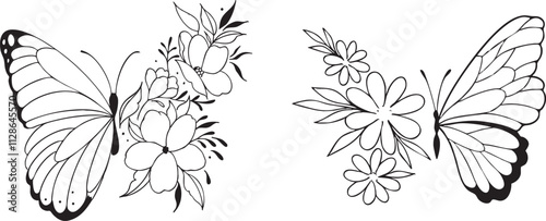 Hand-drawn flowers with butterflies vector icons