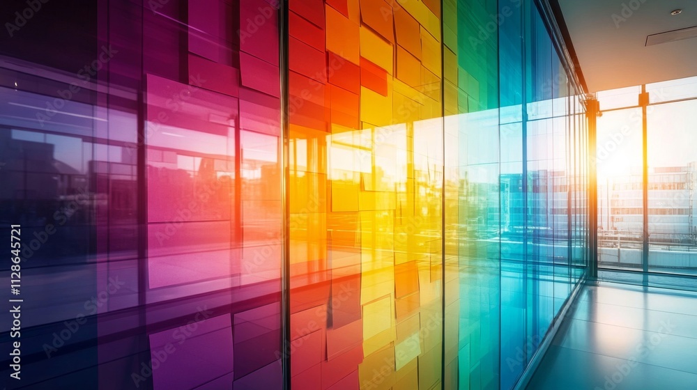 Colorful Glass Wall Reflecting Cityscape Sunlight Colorful Glass Wall Reflecting Cityscape Sunlight