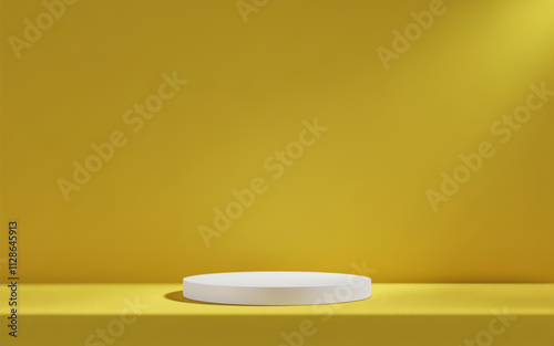 3d white podium in yellow empty room with table. Background studio scene with platform for product presentation