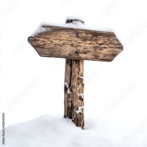 Wooden signpost in snow isolated on white background photo