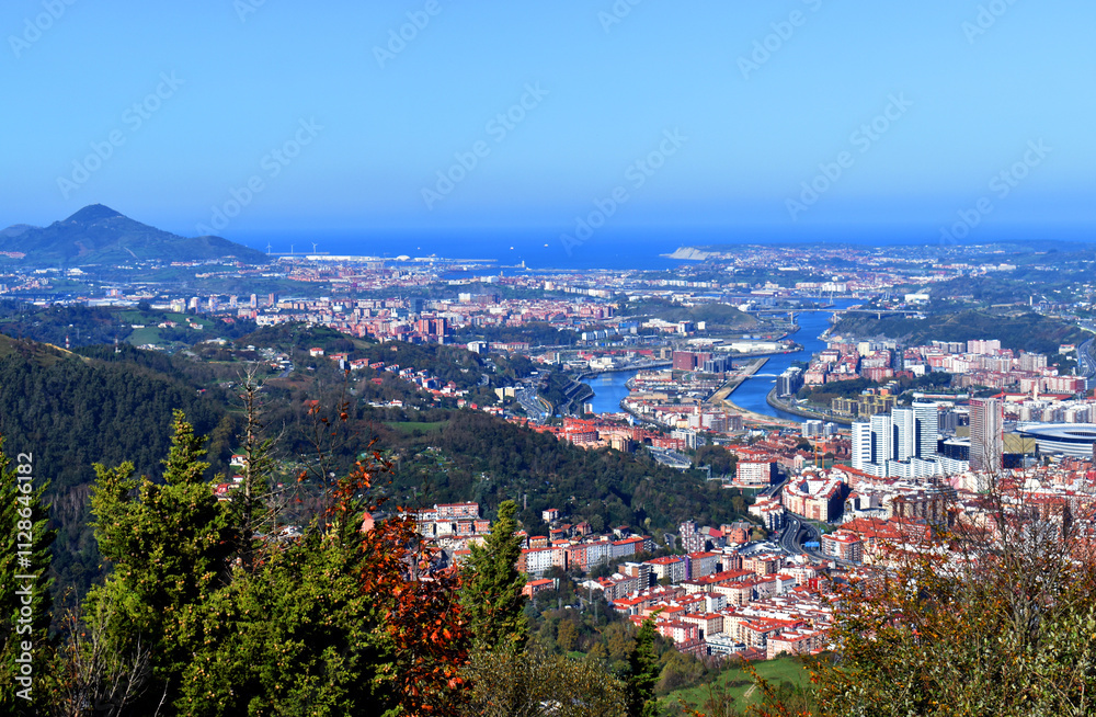 Panoramic view of Bilbao, the Nervión River and the sea Panoramic view of Bilbao, the Nervión River and the sea