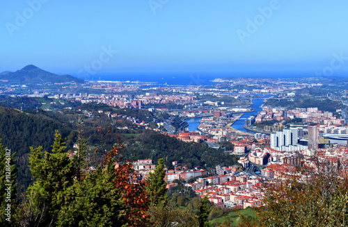 Panoramic view of Bilbao, the Nervión River and the sea