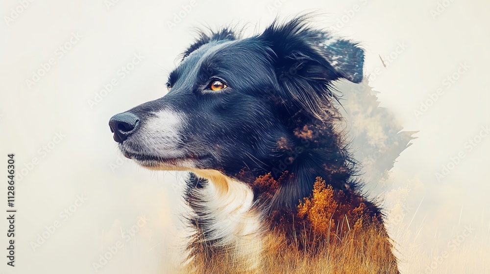 A beautiful border collie portrait with a dreamy forest landscape overlay, capturing the essence of nature and companionship. A beautiful border collie portrait with a dreamy forest landscape overlay, capturing the essence of nature and companionship.