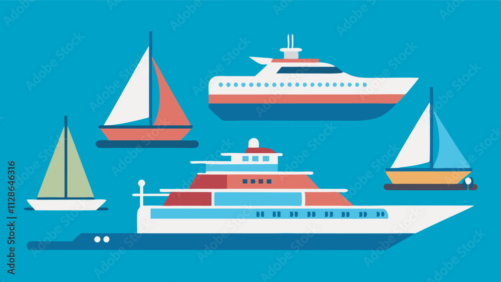 Flat design image of sailboats, yachts, and a ship on a serene blue background. Each boat has a shadow, adding depth to the scene.